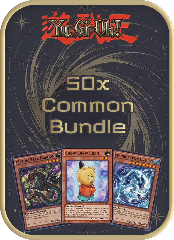 Yu-Gi-Oh! 50x Common Bundle packaging with three trading cards displayed.